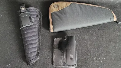 Trio of gun accessories featuring a black nylon belt holster, a G&G soft pistol case, and a black leather pocket holster.