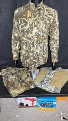 Trio of camouflage hunting shirts, including a long-sleeve button-down displayed on a mannequin and two folded garments, sitting above...