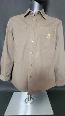 Men's Browning long-sleeve canvas work shirt in brown, featuring embroidered logo on chest pocket and branded metal snaps.