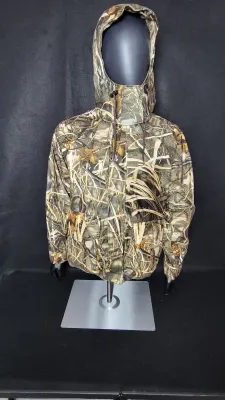 Realtree camouflage hooded hunting jacket displayed on a mannequin torso, featuring drawstring hood and front pockets.