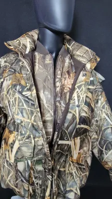 Advantage Wetlands camouflage hunting jacket with a removable quilted lining and heavy-duty zipper closure.