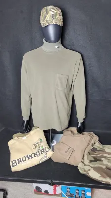 Men's outdoor hunting apparel set featuring a green fleece turtleneck shirt on a mannequin with a camo hat, displayed alongside...