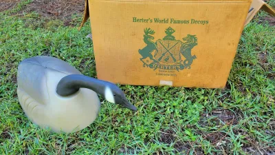 Herter's Canada goose decoy sitting on grass next to its original cardboard box.