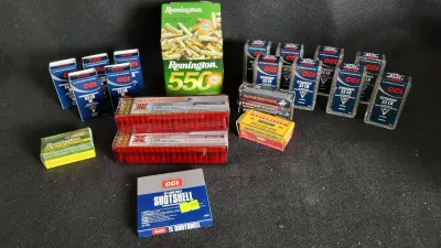 Large assortment of .22 LR ammunition from brands including CCI, Remington, and Winchester, featuring plastic 100-round boxes, bulk...