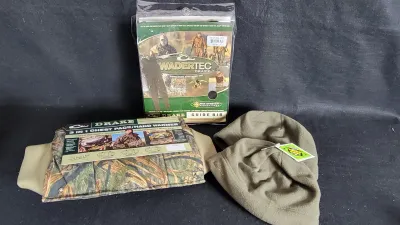 Drake Waterfowl hunting gear set including Wadertec Guide Bib in original packaging, a 3-in-1 camouflage chest pack/hand warmer, and a...