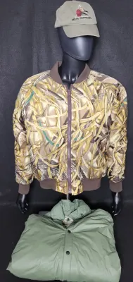 Men's outdoor hunting apparel set featuring a camouflage zip-up bomber jacket, an olive green snap-front jacket, and an embroidered...