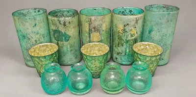 CRATE & BARREL TEAL GLASS VASES, CANDLE HOLDERS, AND JARS