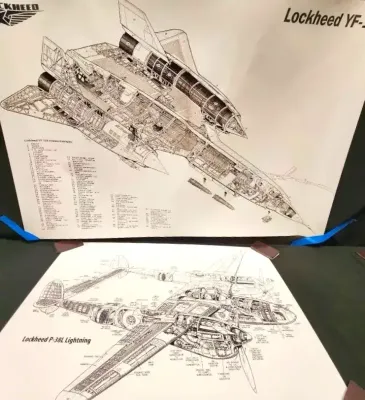 TWO LOCKHEED CUTAWAY POSTERS OF THE P-38L LIGHTNING AND THE YF-12A