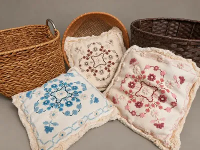 EMBROIDERED PILLOWS AND DECOR BASKETS