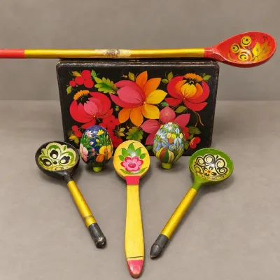 HANDPAINTED SPOONS, EGGS AND TRINKET BOX