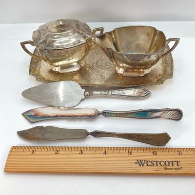 LOT 36: Vintage Made in Occupied Japan Silver Plated and More Collection - Cream / Sugar Bowls with Tray and Assorted Utensils