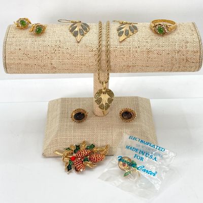 LOT 40: Vintage Gold Tone Jewelry - Gold Filled Screw-back Earrings, Roma Brooch Pin, Ring with Matching Earrings and Two Tone Leaf...