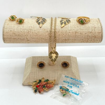 LOT 40: Vintage Gold Tone Jewelry - Gold Filled Screw-back Earrings, Roma Brooch Pin, Ring with Matching Earrings and Two Tone Leaf...