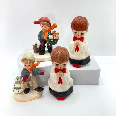 LOT 29: Vintage Holiday Decor - Napcoware Japan Figurines, Lefton Choir Boy Figurines, Ceramic Pumpkin and Pair of Lighted Pumpkins