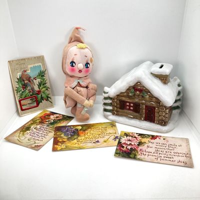 LOT 526: Vintage Collection - Large Made in Japan Knee Hugger / Elf, Post Cards and Sonoma Snowy Lodge / Cabin Coin Bank