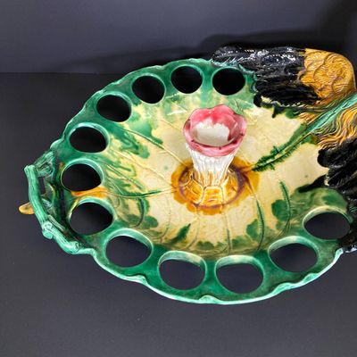 LOT 82: Vintage Mid-Century Majolica Style Ceramic Rooster Egg Holder Serving Platter