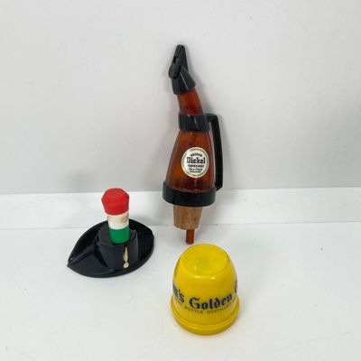 LOT 87: Vintage Bar Collection - Small Whiskey Sour Tray, Flask and Bottle Stoppers