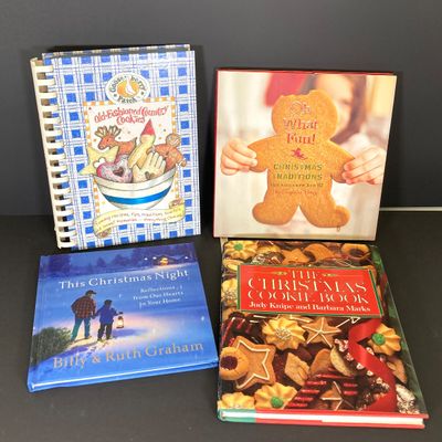 LOT 43: Holiday Collection - Two Tier Serving Stand, Metal and Plastic Cookie Cutters, Cook Books and More