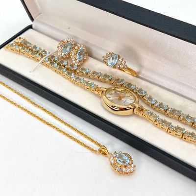 LOT 34: Gold Tone and Light Blue Stone Jewelry - Necklace 18" Chain, Ring, Watch, Earrings and Bracelet