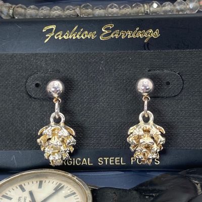 LOT 1: Assorted Jewelry - Swiss Made Mondaine EcoQuartz Watch, Pierced Earrings, Stainless Steel Ring, Bracelets and More