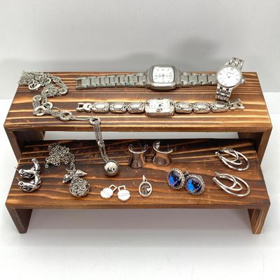 LOT 529: Large Collection of Silver Tone Jewelry - Earrings, Necklaces (Locket with Paper Scroll) and Fashion Watches