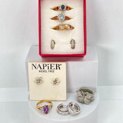 LOT 39: Large Collection of Assorted Jewelry - Sterling Earrings TW 7.3g, Napier Earrings, Fashion Rings and Pins
