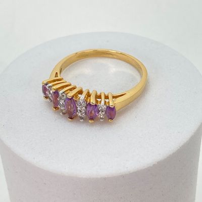 LOT 32: Gold Tone and Purple Stone Jewelry Set - Necklace 18", Ring, Bracelet and Two Pairs of Earrings