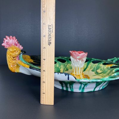 LOT 82: Vintage Mid-Century Majolica Style Ceramic Rooster Egg Holder Serving Platter