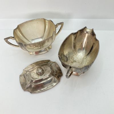 LOT 36: Vintage Made in Occupied Japan Silver Plated and More Collection - Cream / Sugar Bowls with Tray and Assorted Utensils