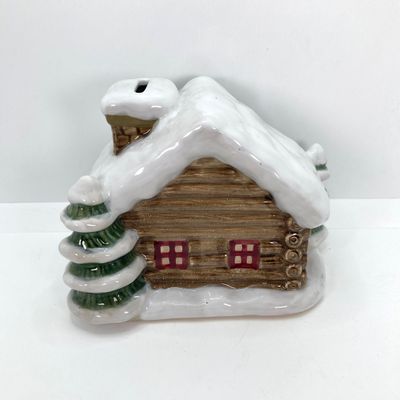LOT 526: Vintage Collection - Large Made in Japan Knee Hugger / Elf, Post Cards and Sonoma Snowy Lodge / Cabin Coin Bank