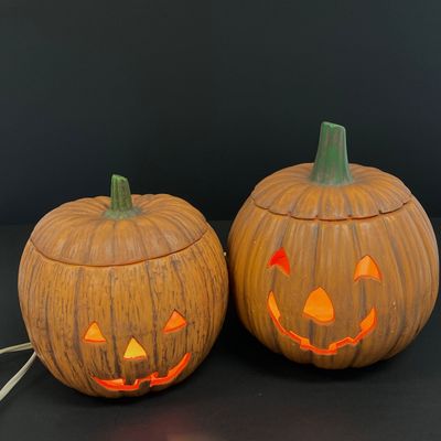 LOT 29: Vintage Holiday Decor - Napcoware Japan Figurines, Lefton Choir Boy Figurines, Ceramic Pumpkin and Pair of Lighted Pumpkins