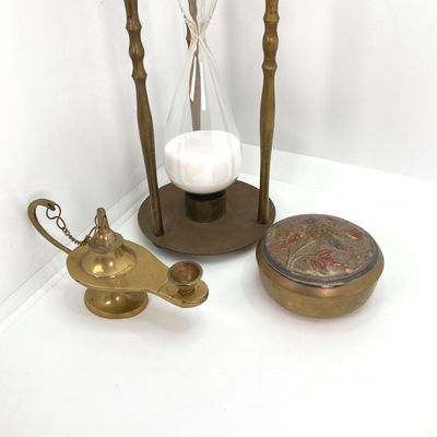 LOT 523: Vintage Brass Collection - Leonard Silver Mfg Co. Hour Glass, Lantern and Lidded Trinket Bowl India