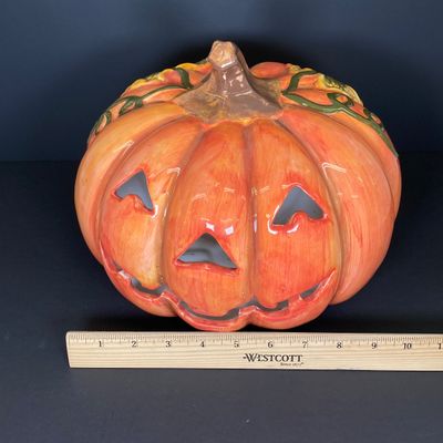 LOT 29: Vintage Holiday Decor - Napcoware Japan Figurines, Lefton Choir Boy Figurines, Ceramic Pumpkin and Pair of Lighted Pumpkins