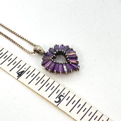 LOT 72: Sterling Silver Jewelry - Purple Baguette Heart Pendant Necklace with Box Chain 7.0 GTW, 20" and Collar Necklace TW 15g