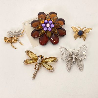 LOT 7: Collection of Brooch / Pins - Butterflies, Dragonflies Including 925 and Brown and Purple Flower