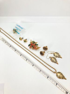 LOT 40: Vintage Gold Tone Jewelry - Gold Filled Screw-back Earrings, Roma Brooch Pin, Ring with Matching Earrings and Two Tone Leaf...