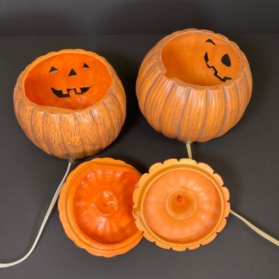 LOT 29: Vintage Holiday Decor - Napcoware Japan Figurines, Lefton Choir Boy Figurines, Ceramic Pumpkin and Pair of Lighted Pumpkins