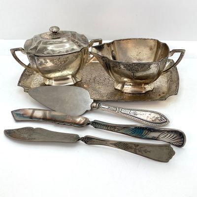 LOT 36: Vintage Made in Occupied Japan Silver Plated and More Collection - Cream / Sugar Bowls with Tray and Assorted Utensils