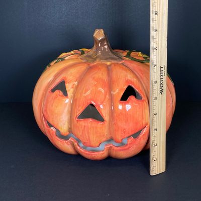 LOT 29: Vintage Holiday Decor - Napcoware Japan Figurines, Lefton Choir Boy Figurines, Ceramic Pumpkin and Pair of Lighted Pumpkins