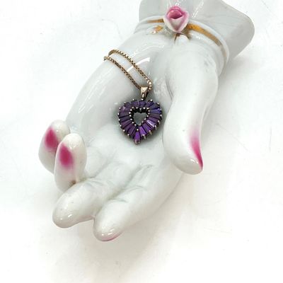 LOT 72: Sterling Silver Jewelry - Purple Baguette Heart Pendant Necklace with Box Chain 7.0 GTW, 20" and Collar Necklace TW 15g