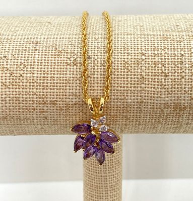 LOT 32: Gold Tone and Purple Stone Jewelry Set - Necklace 18", Ring, Bracelet and Two Pairs of Earrings