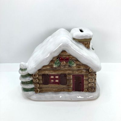 LOT 526: Vintage Collection - Large Made in Japan Knee Hugger / Elf, Post Cards and Sonoma Snowy Lodge / Cabin Coin Bank