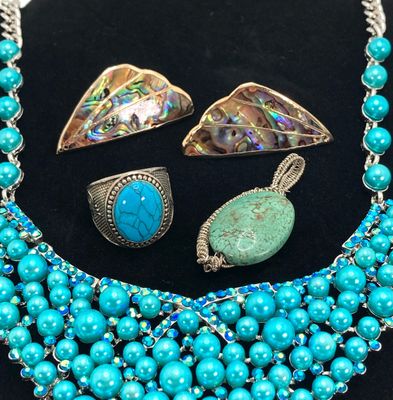 LOT 530: Turquoise Themed Jewelry - Wire Wrapped Pendant, Statement Necklace, Ring and Abalone Earrings