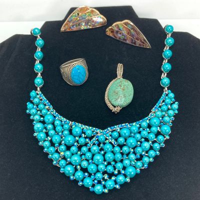LOT 530: Turquoise Themed Jewelry - Wire Wrapped Pendant, Statement Necklace, Ring and Abalone Earrings