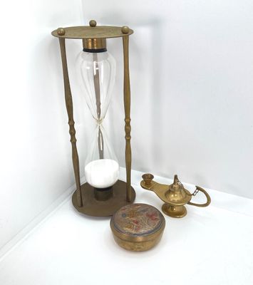 LOT 523: Vintage Brass Collection - Leonard Silver Mfg Co. Hour Glass, Lantern and Lidded Trinket Bowl India