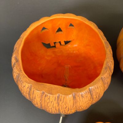 LOT 29: Vintage Holiday Decor - Napcoware Japan Figurines, Lefton Choir Boy Figurines, Ceramic Pumpkin and Pair of Lighted Pumpkins