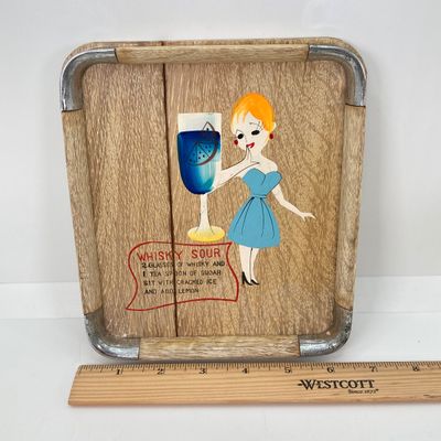 LOT 87: Vintage Bar Collection - Small Whiskey Sour Tray, Flask and Bottle Stoppers