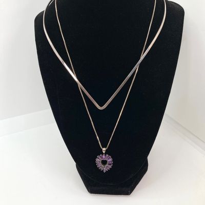 LOT 72: Sterling Silver Jewelry - Purple Baguette Heart Pendant Necklace with Box Chain 7.0 GTW, 20" and Collar Necklace TW 15g