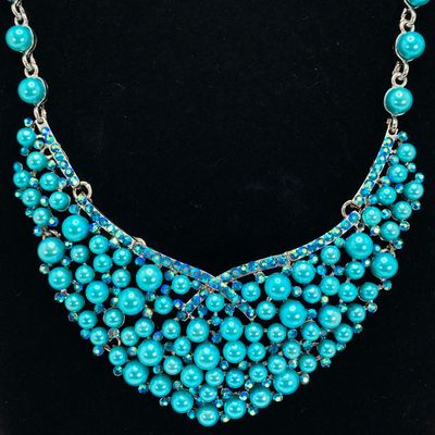 LOT 530: Turquoise Themed Jewelry - Wire Wrapped Pendant, Statement Necklace, Ring and Abalone Earrings