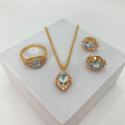 LOT 34: Gold Tone and Light Blue Stone Jewelry - Necklace 18" Chain, Ring, Watch, Earrings and Bracelet